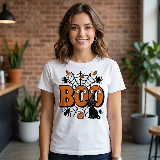 T-shirt BOO Halloween con gatto nero e fantasmi