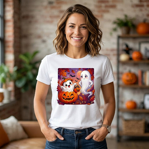 T-shirt Halloween con fantasmi e zucca