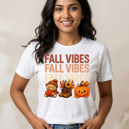 T-shirt Fall Vibes con orsetto e zucca