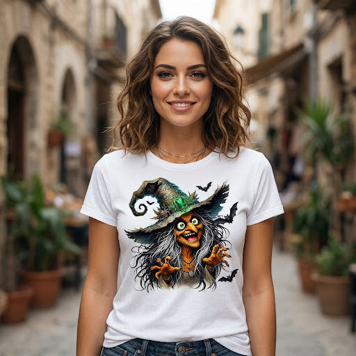 T-shirt Halloween con Strega e Pipistrelli
