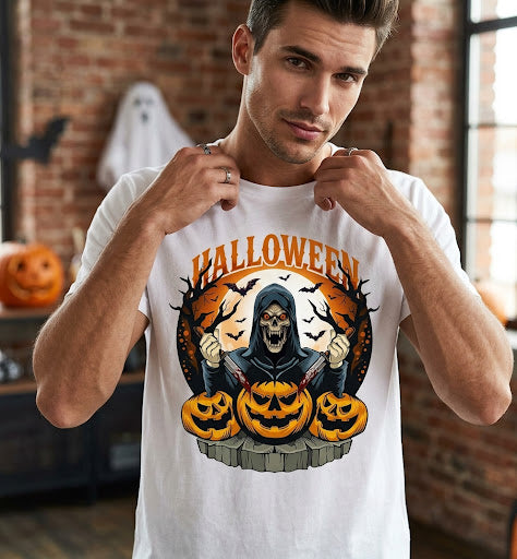 T-shirt Halloween con Scheletro e Zucche