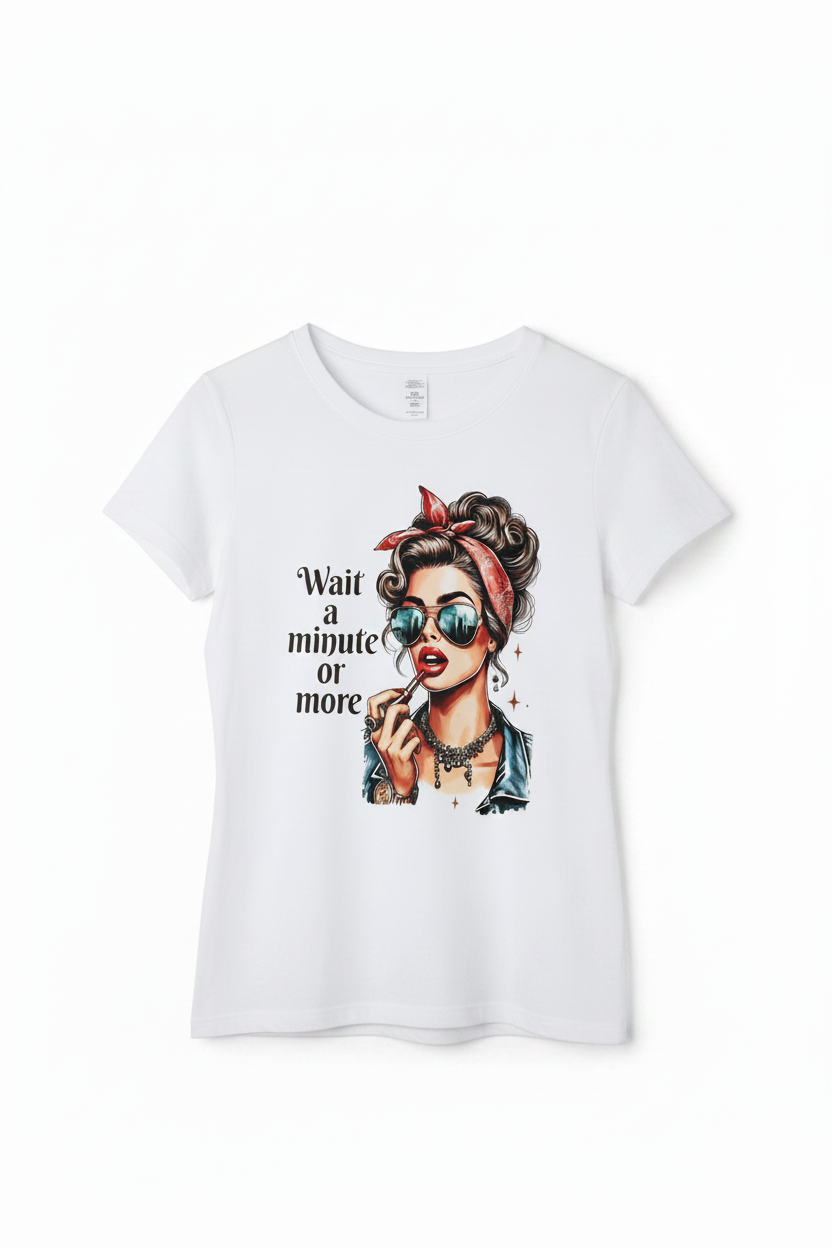 Wait a Minute or More Graphic Tee – white women's tee displayed upright with retro glam lipstick illustration