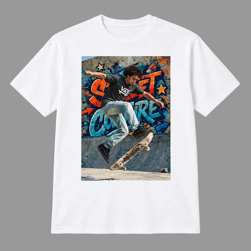 T-shirt bianca senza modella con stampa street art di uno skater e skateboard su sfondo bianco