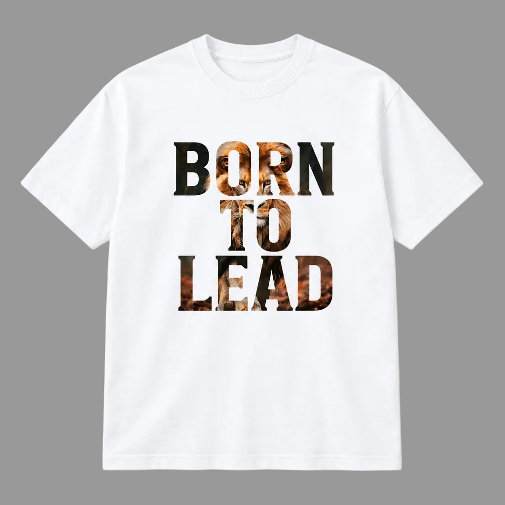 T-shirt bianca senza modella con stampa Born to Lead in caratteri neri e dettagli caldi su fondo bianco