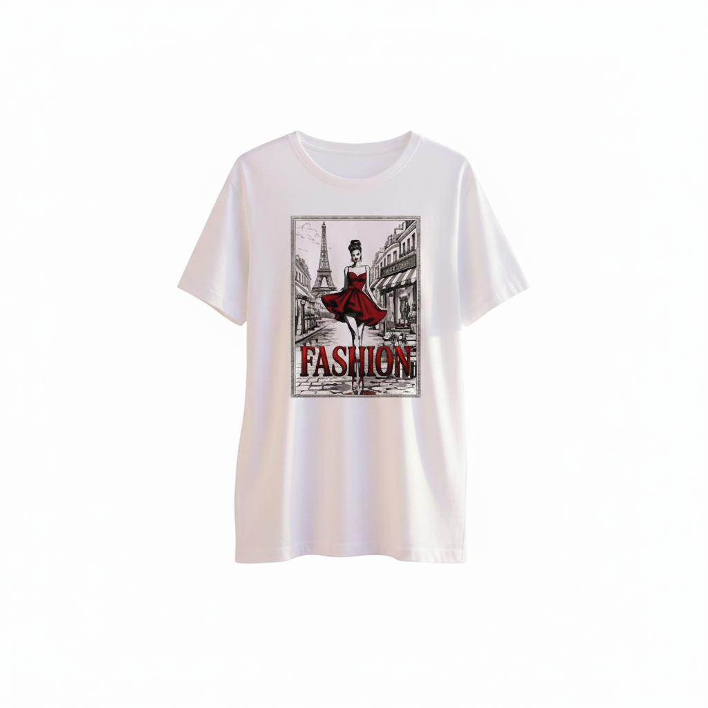 T-shirt bianca con stampa Fashion: Torre Eiffel, via parigina e donna in abito rosso
