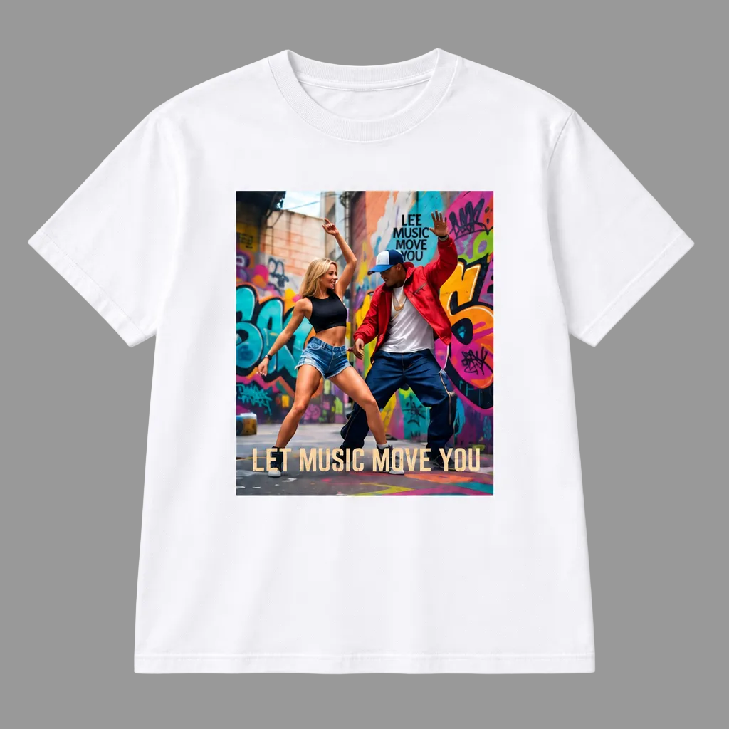 T-shirt bianca senza modella con stampa street art Let Music Move You su sfondo grigio chiaro