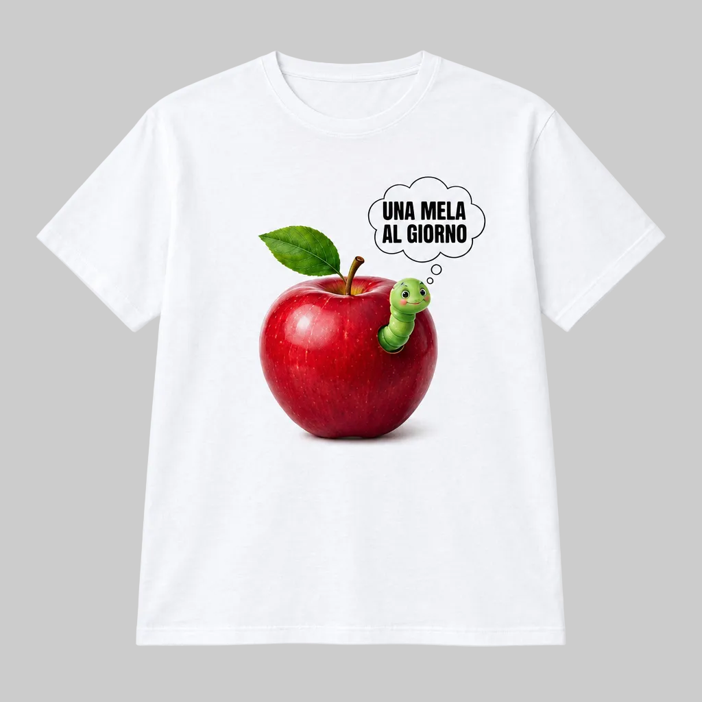 T-shirt bianca con grafica Una Mela al Giorno, mela rossa e bruco verde, senza modella