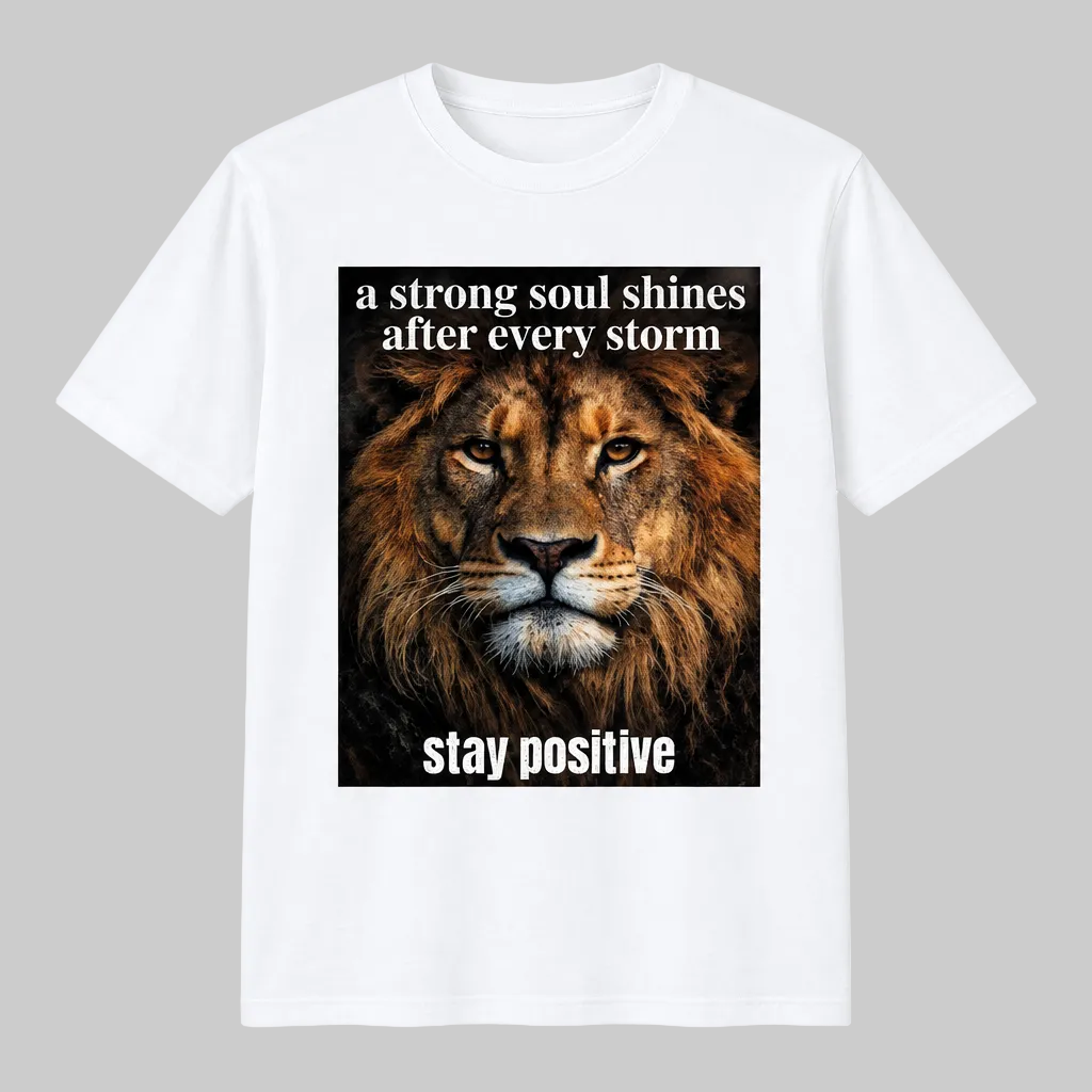 Maglietta bianca con stampa leone "stay positive" su sfondo bianco