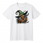 Maglietta bianca con stampa strega Halloween senza modella
