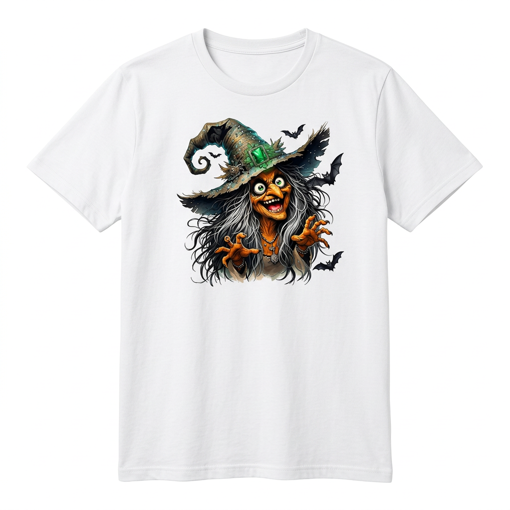 Maglietta bianca con stampa strega Halloween senza modella