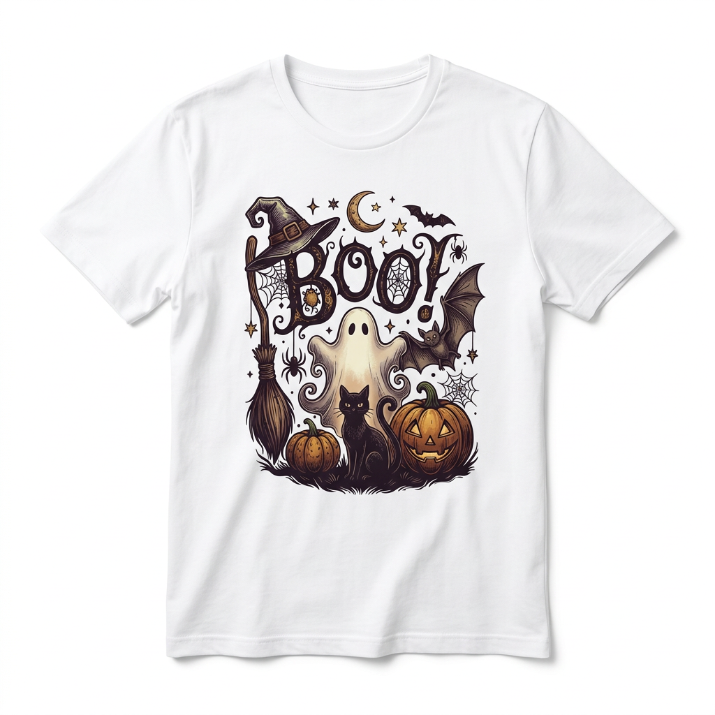 Maglietta bianca Halloween senza modella, su sfondo bianco