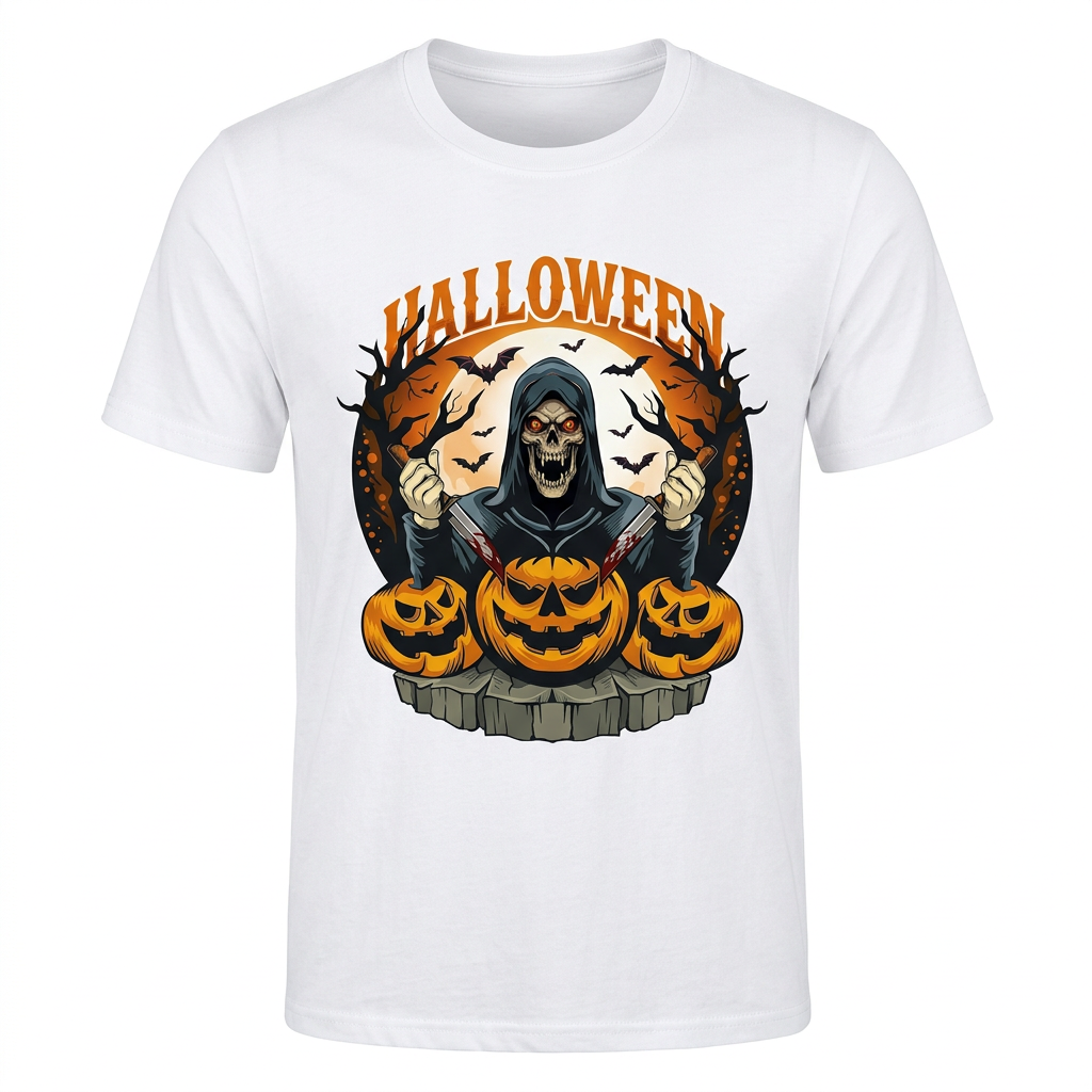 Maglietta Halloween con scheletro e zucche senza modello
