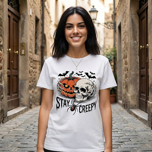 T-shirt Stay Creepy Halloween con teschio e zucca