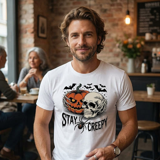 T-shirt Stay Creepy Halloween con teschio e zucca