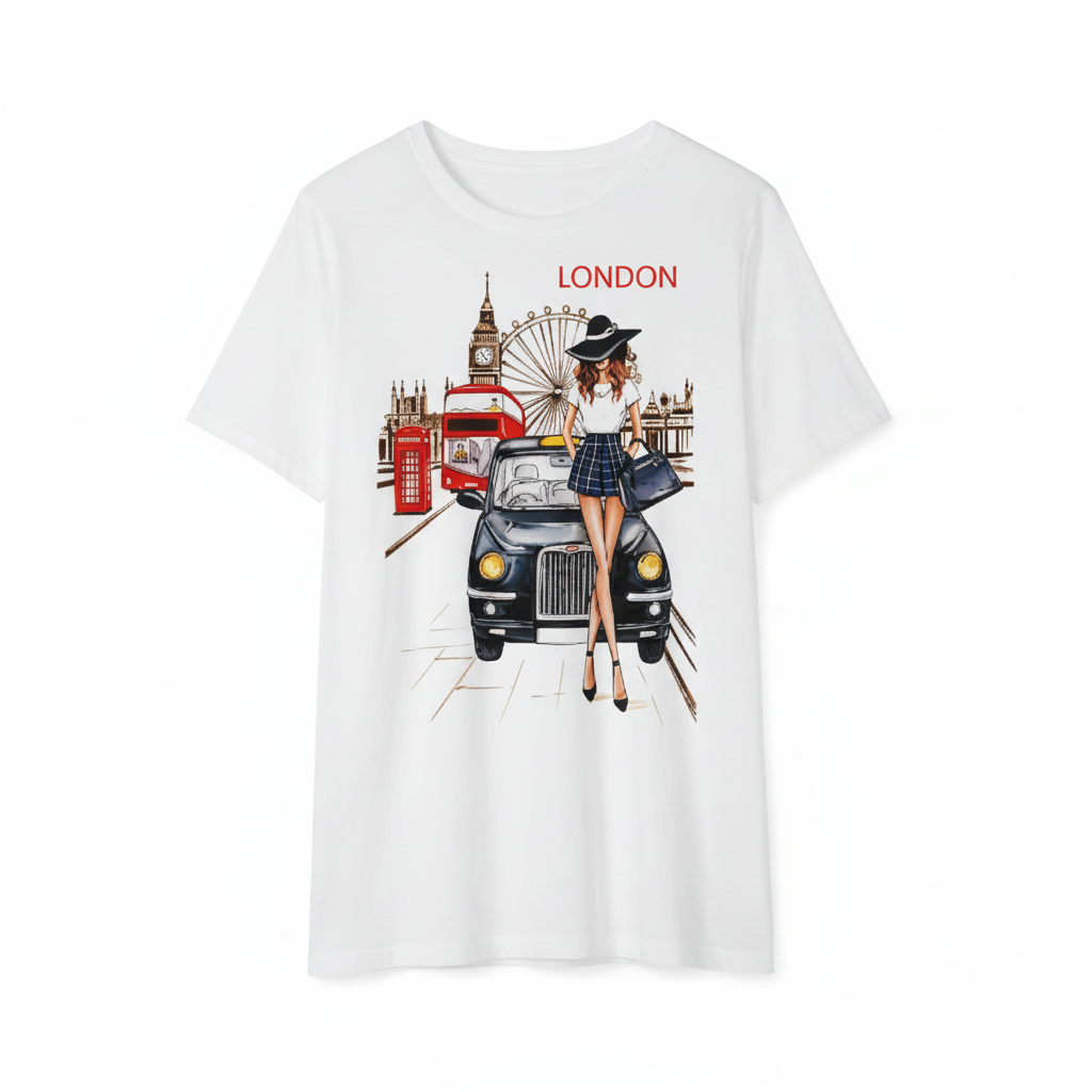 T-shirt bianca LONDON senza modella su fondo bianco