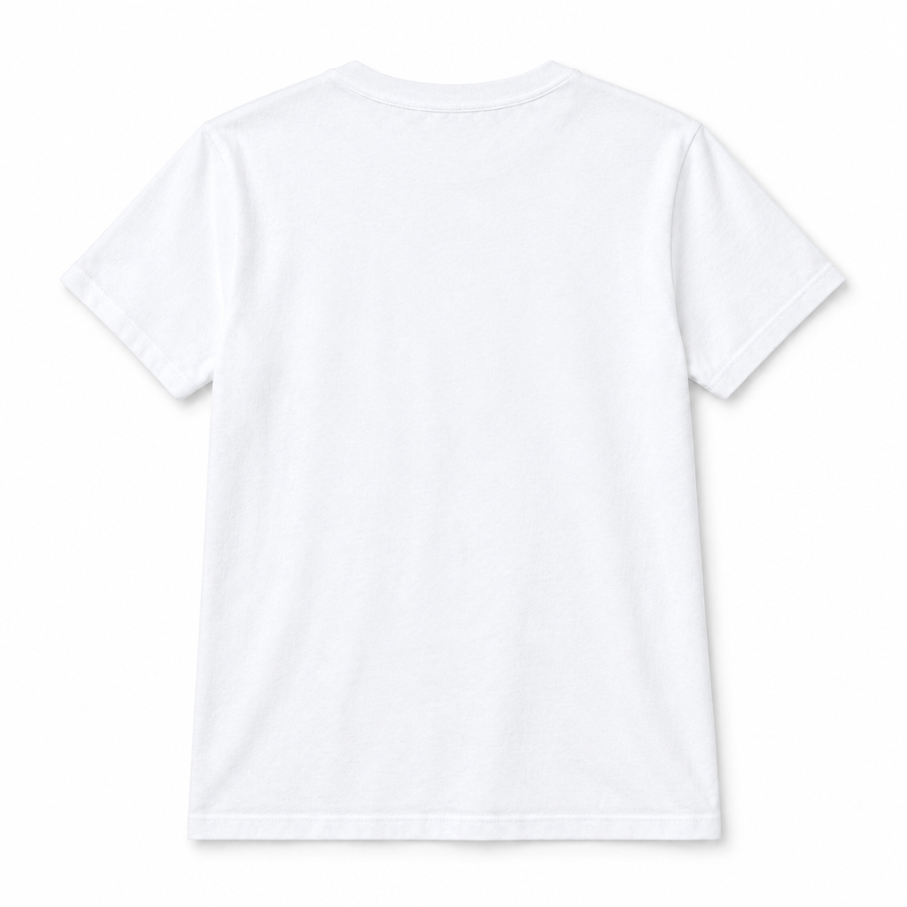 Vista posteriore di una T-shirt bianca semplice senza stampa, senza modella, su fondo bianco